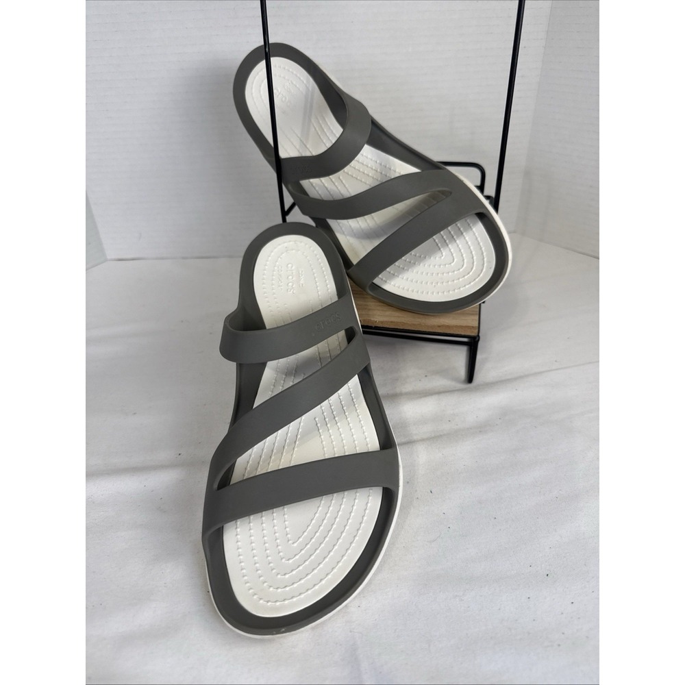 Crocs Women's Strappy Slip-On Sandals White & Gray US 10 Synthetic Upper Logo